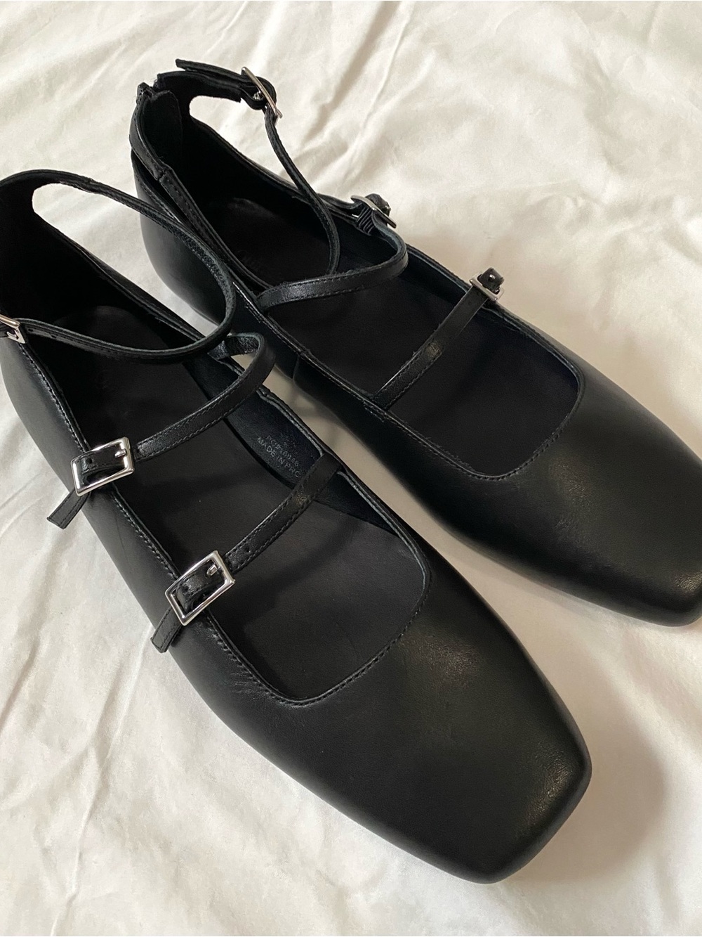 Quince Black Italian Leather Triple-Strap Square-Toe Mary Jane Flats